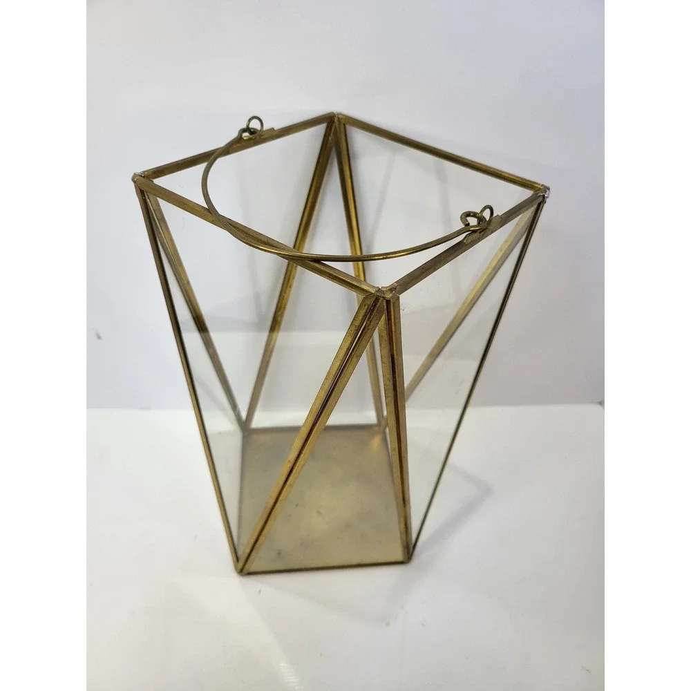Gold Brass Geometric Glass Lantern Candle Holder Modern Wedding Decor 11.5 inch